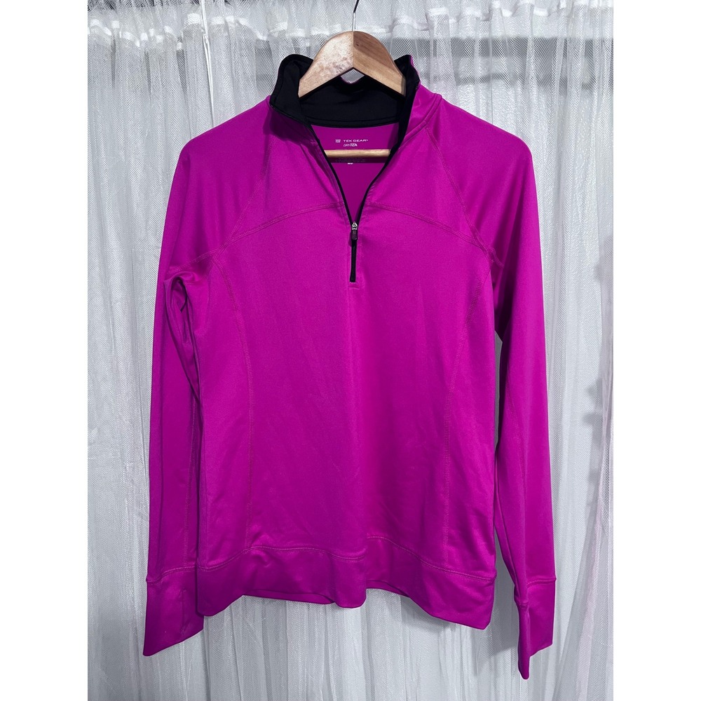 Tek Gear Womens DryTek Quarter Zip Pullover Magenta Pink Thumbhole Top Medium